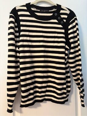 Lane Bryant Black & Cream Striped Crewneck Sweater with Button Shoulder
